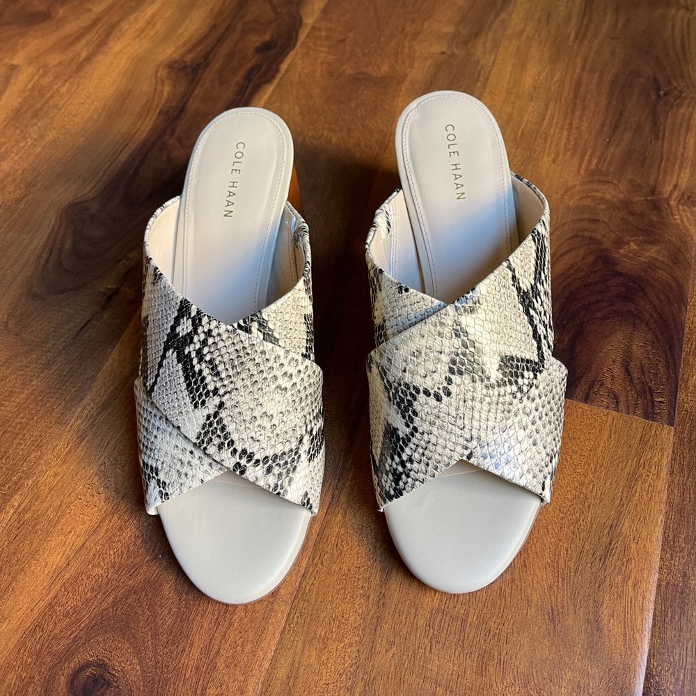 Cole Haan Snake Print Leather Criss Cross Mules.